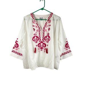 Chico's Easy Peasant Embroidered Boho Style 3/4 Sleeve Top Sz 1 (US8-10)